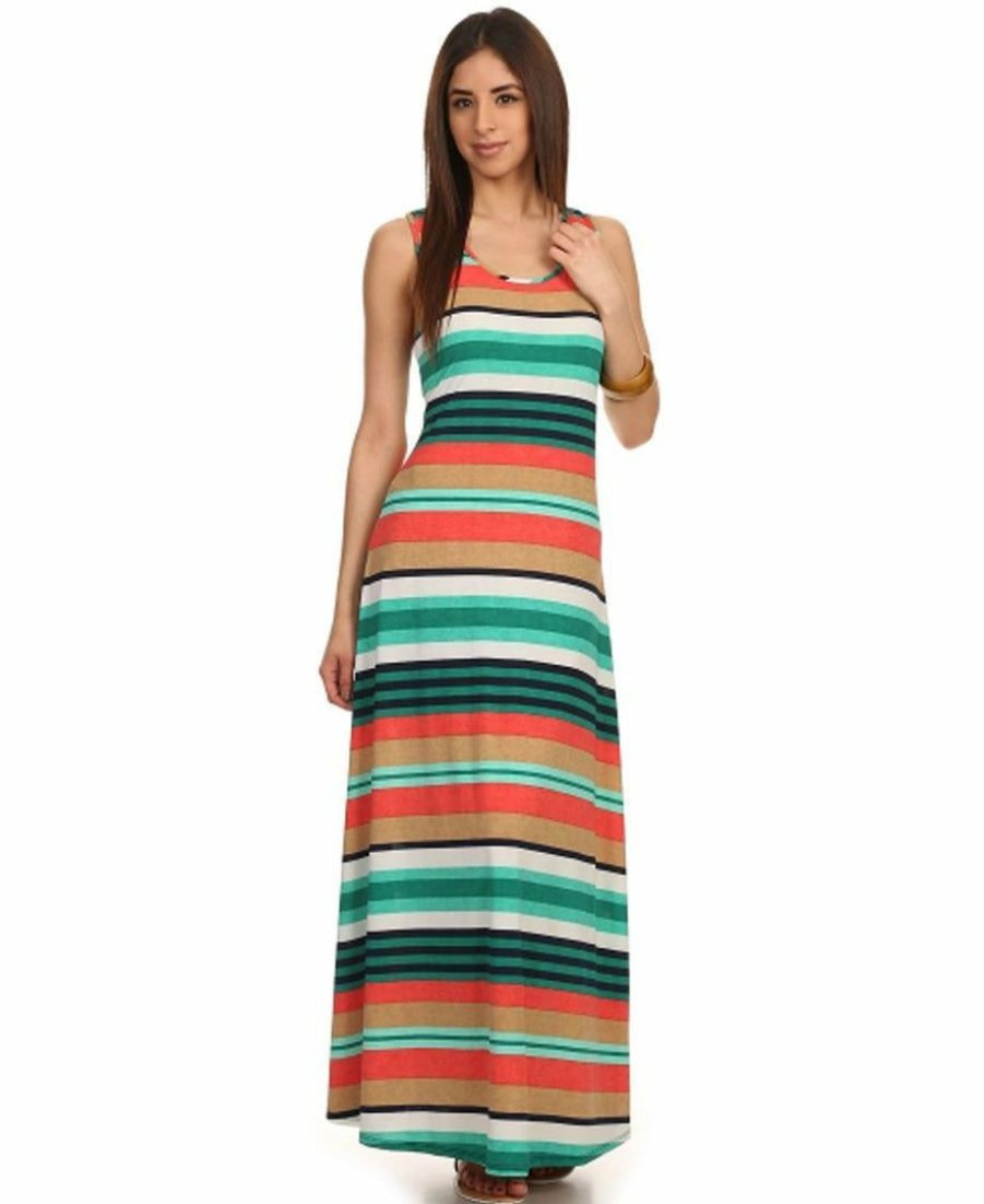 Regular Size * | Zoozie La Regular Size Racerback Maxi Dress Striped Aqua Coral