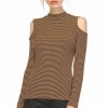 Regular Size * | Zoozie La Cold Shoulder Top Long Sleeve Stripe Taupe Black Regular Size