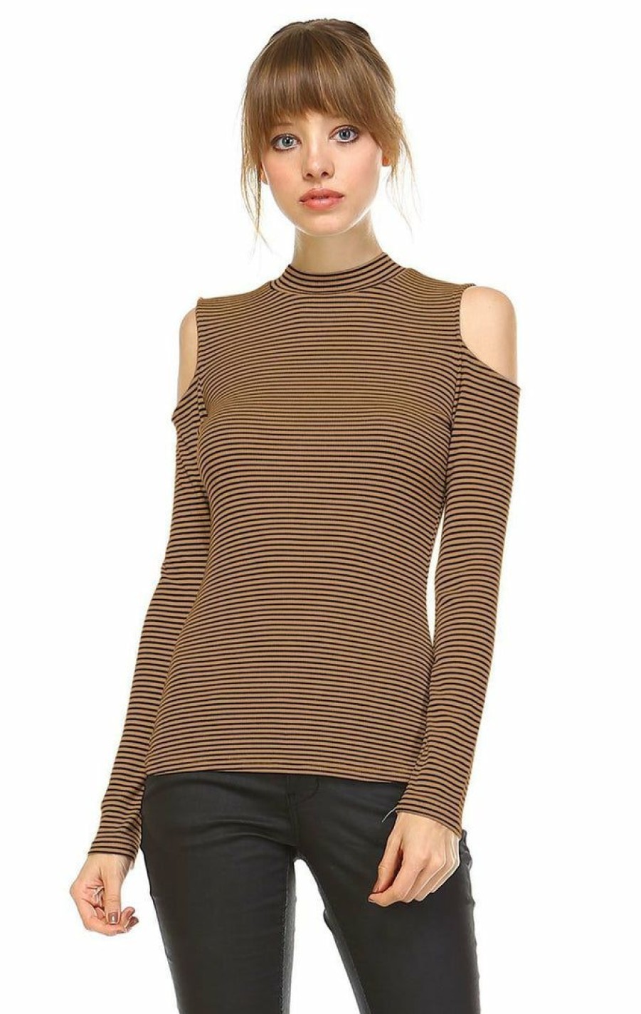 Regular Size * | Zoozie La Cold Shoulder Top Long Sleeve Stripe Taupe Black Regular Size