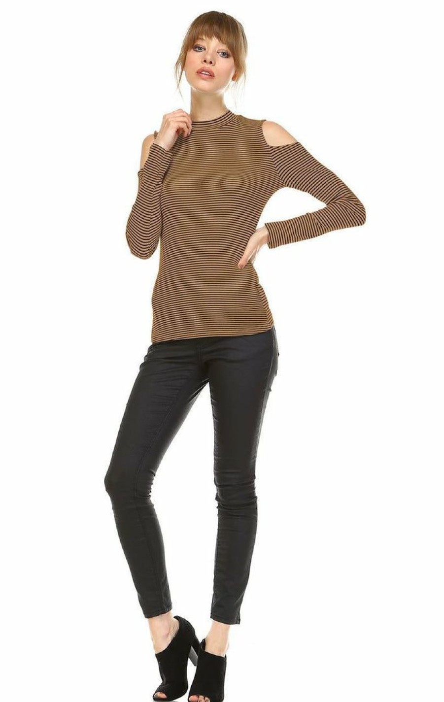 Regular Size * | Zoozie La Cold Shoulder Top Long Sleeve Stripe Taupe Black Regular Size