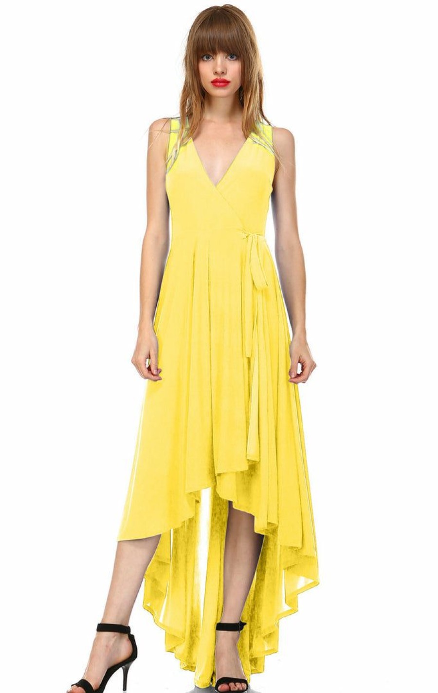 Regular Size * | Zoozie La Lycra Sleeveless V-Neck Plunge Belt Hi Low Wrap Dress Yellow Hi Low Wrap Yellow