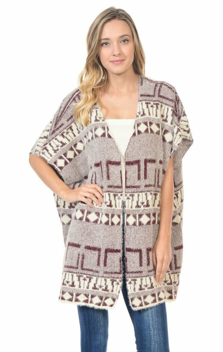 Regular Size * | Zoozie La Regular Size Aztec Cardigan Tribal Sweater Furry Vests Burgundy