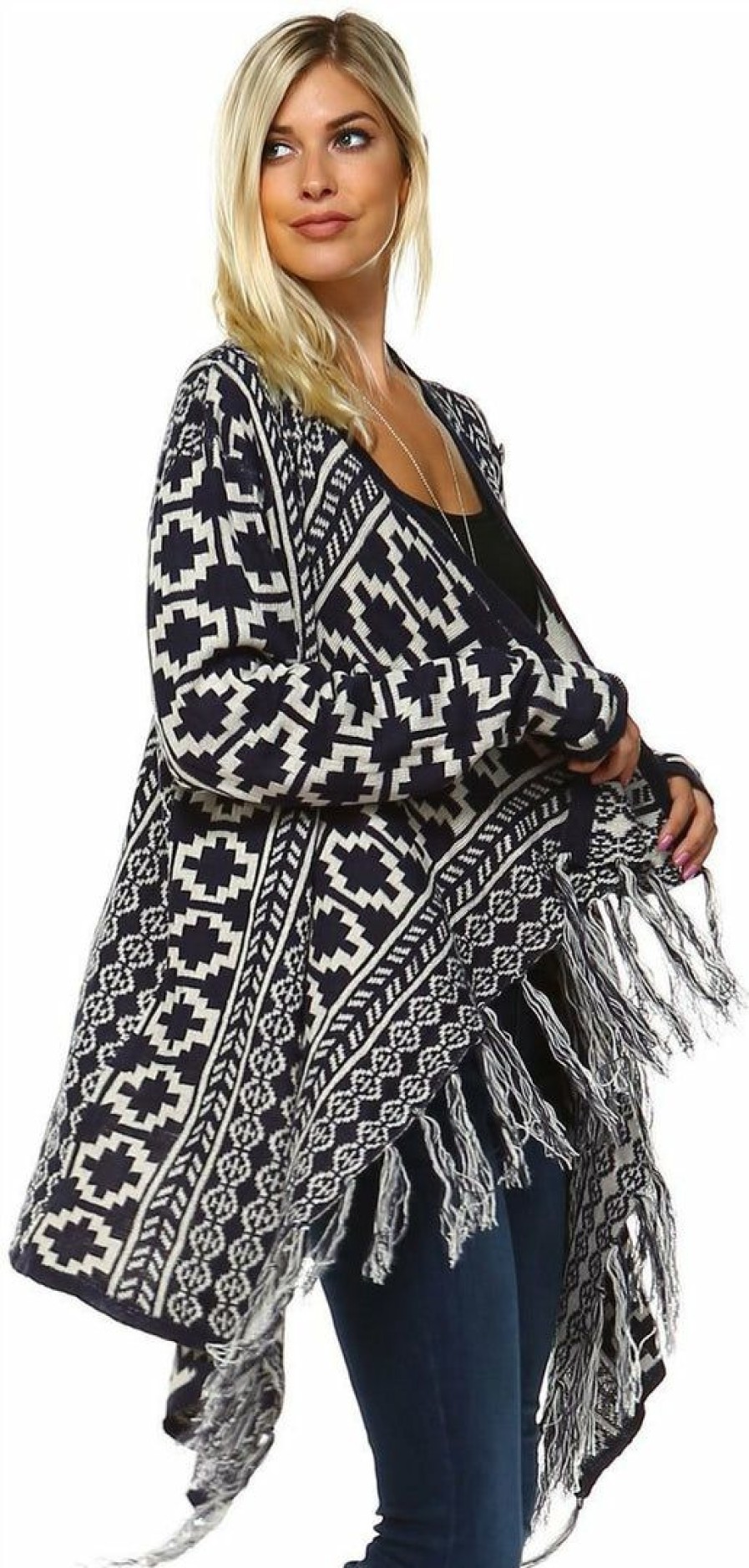 Regular Size * | Zoozie La Cowl Aztec Cardigan Tribal Sweater Ponchos Navy White