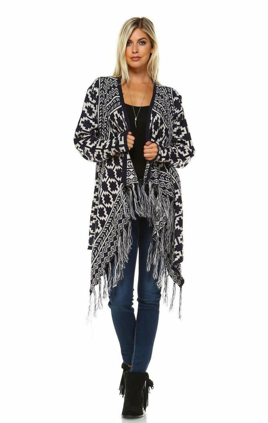 Regular Size * | Zoozie La Cowl Aztec Cardigan Tribal Sweater Ponchos Navy White