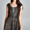 Regular Size * | Zoozie La Glitter Party Skater Dress Rhinestone Neckline Rose Gold Regular Size