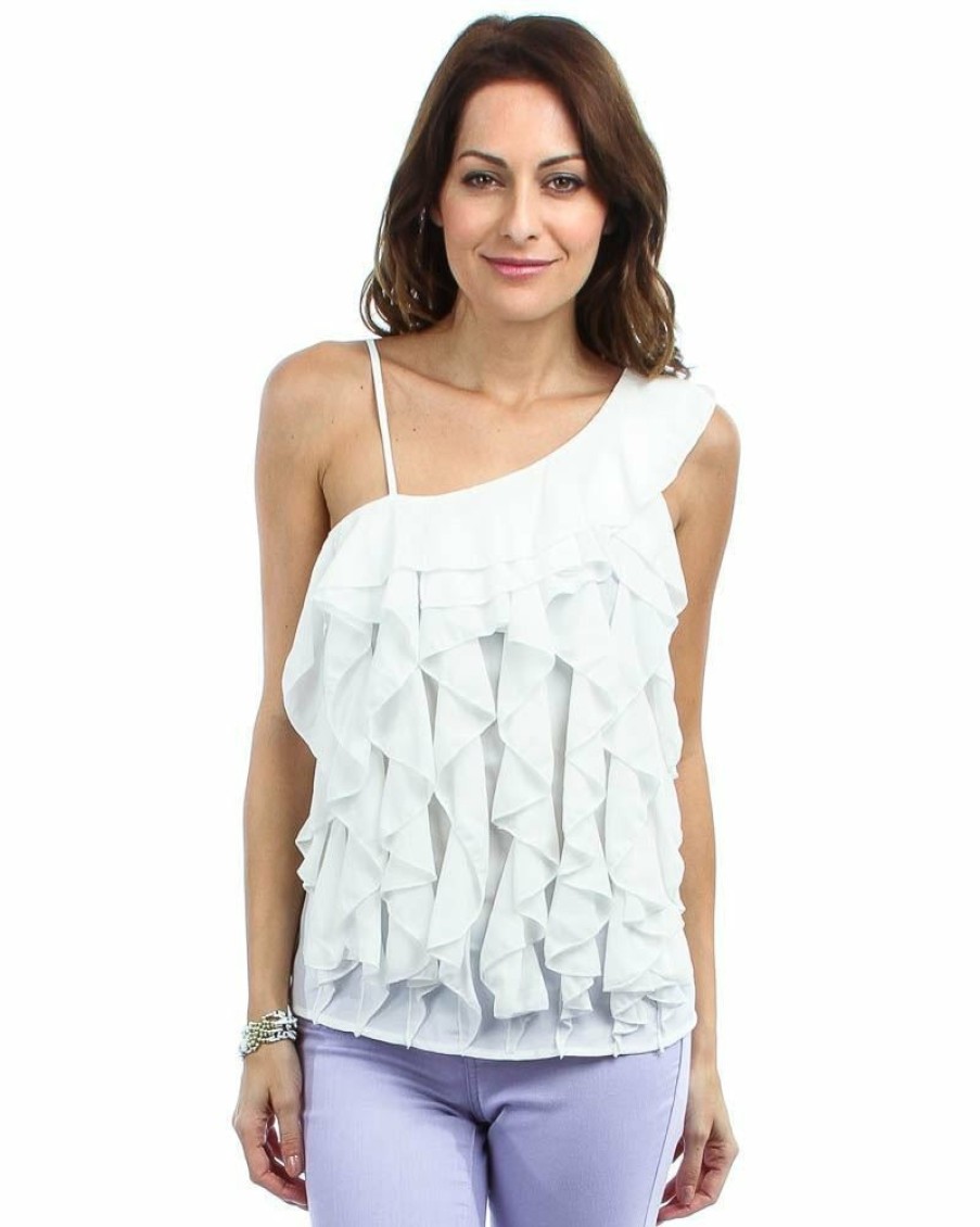 Regular Size * | Zoozie La One Shoulder Ruffle Front Blouse Off White Ivory Regular Size