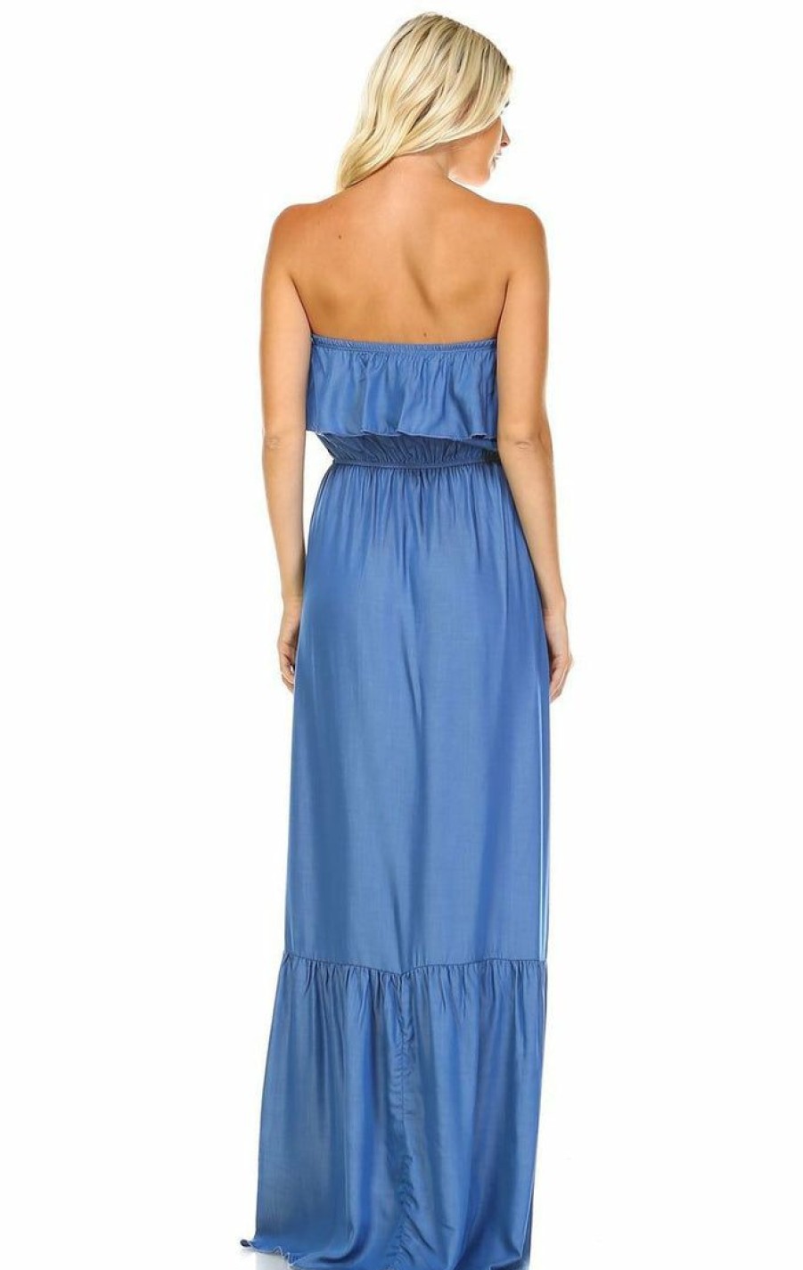 Regular Size * | Zoozie La Chambray Ruffled Overlay Tube Maxi Dress Light Blue Indigo Regular Size