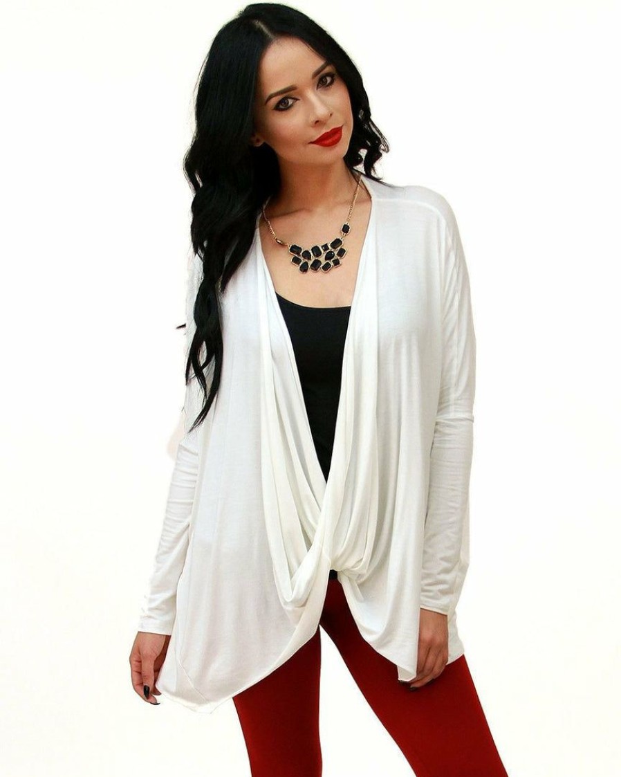 Regular Size * | Zoozie La Regular Size Tunic Top Shirt Dress Twist Top Long Sleeve Ivory White