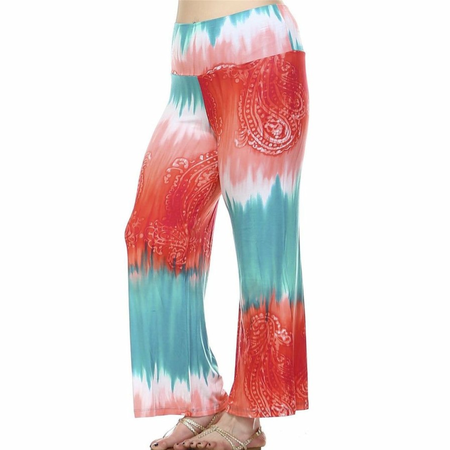 Regular Size * | Zoozie La Foldover Palazzo Pants Abstract Paisley Teal Pink Regular Size