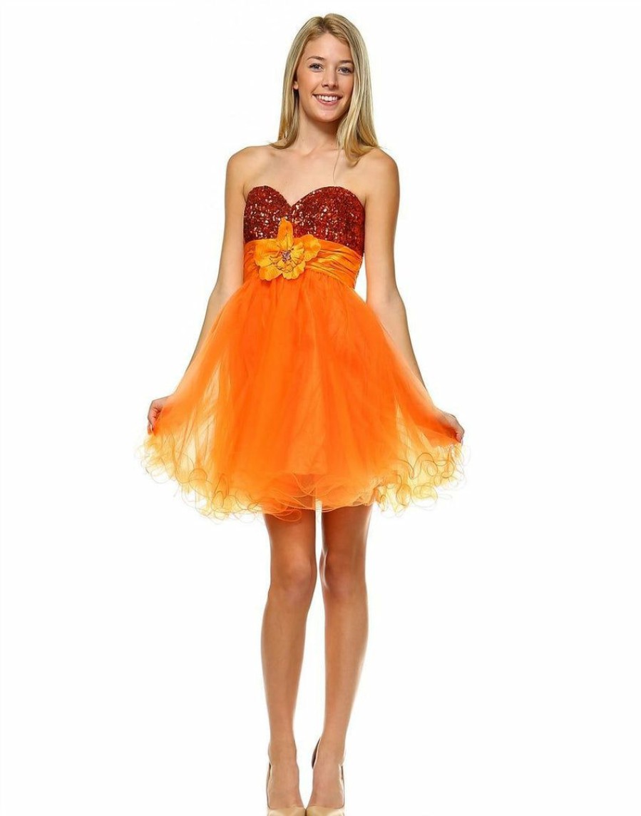 Regular Size * | Zoozie La Sequin Cocktail Babydoll Party Dress With Florette Orange