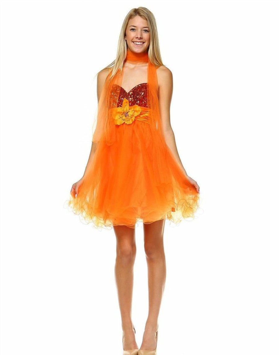 Regular Size * | Zoozie La Sequin Cocktail Babydoll Party Dress With Florette Orange