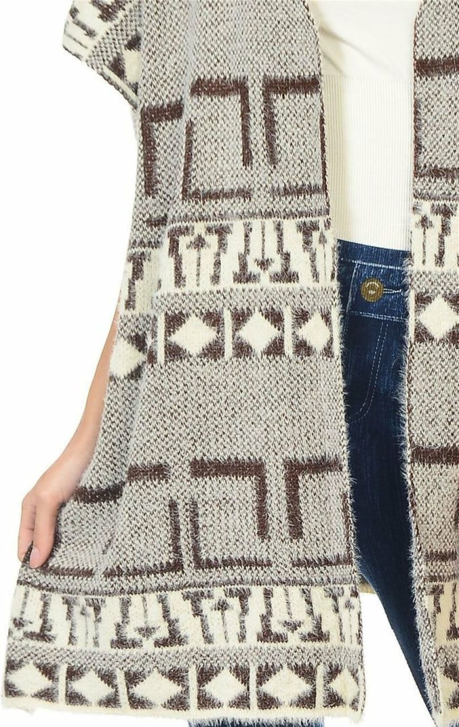 Regular Size * | Zoozie La Aztec Cardigan Tribal Sweater Furry Vests Brown