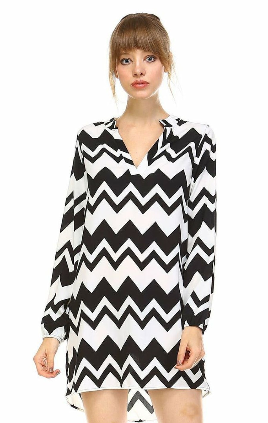 Regular Size * | Zoozie La Tunic Top Blouse Black White Chevron Zigzag Black White Regular Size