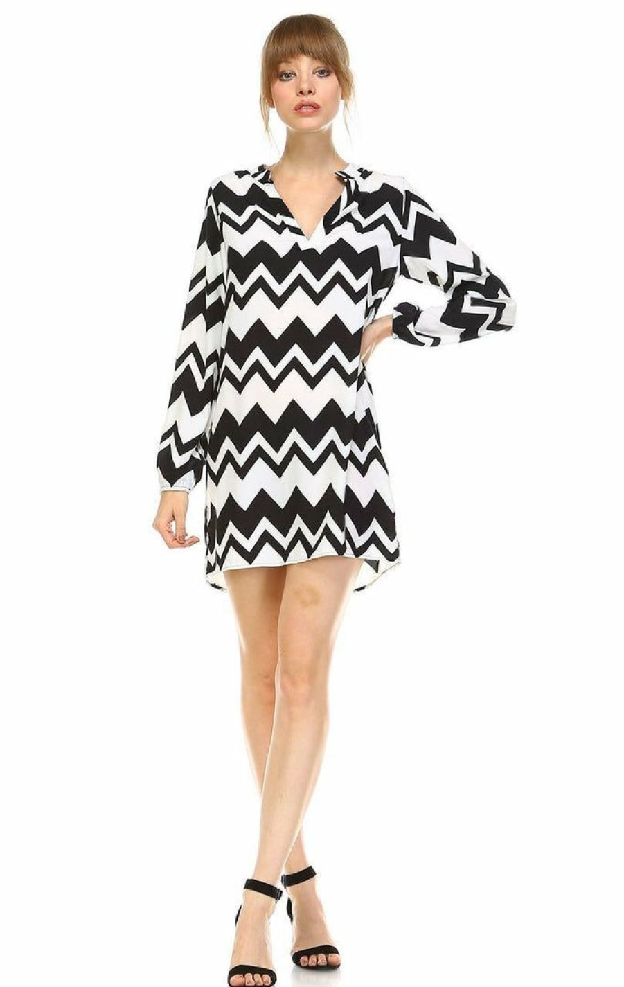 Regular Size * | Zoozie La Tunic Top Blouse Black White Chevron Zigzag Black White Regular Size