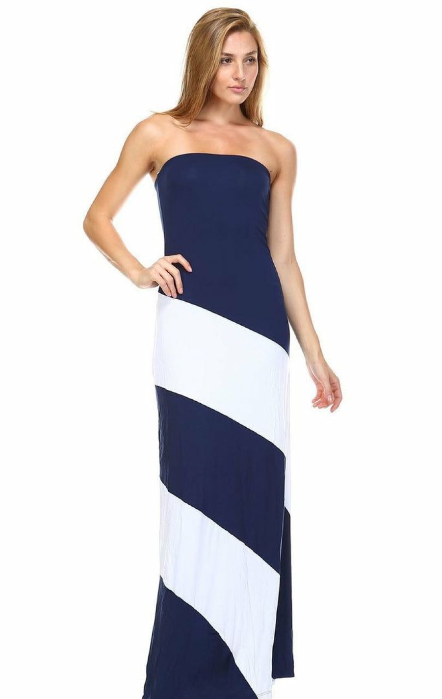 Regular Size * | Zoozie La Regular Size Strapless Navy White Double-Lined Striped Maxi Dress