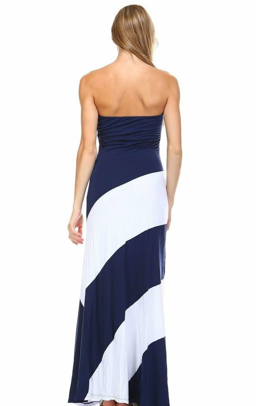 Regular Size * | Zoozie La Regular Size Strapless Navy White Double-Lined Striped Maxi Dress