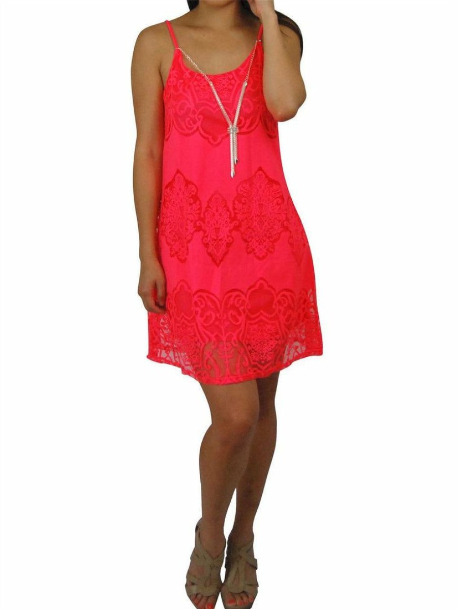 Regular Size * | Zoozie La Spaghetti Lace Ornament Mini Dress With Fashion Necklace Hot Pink