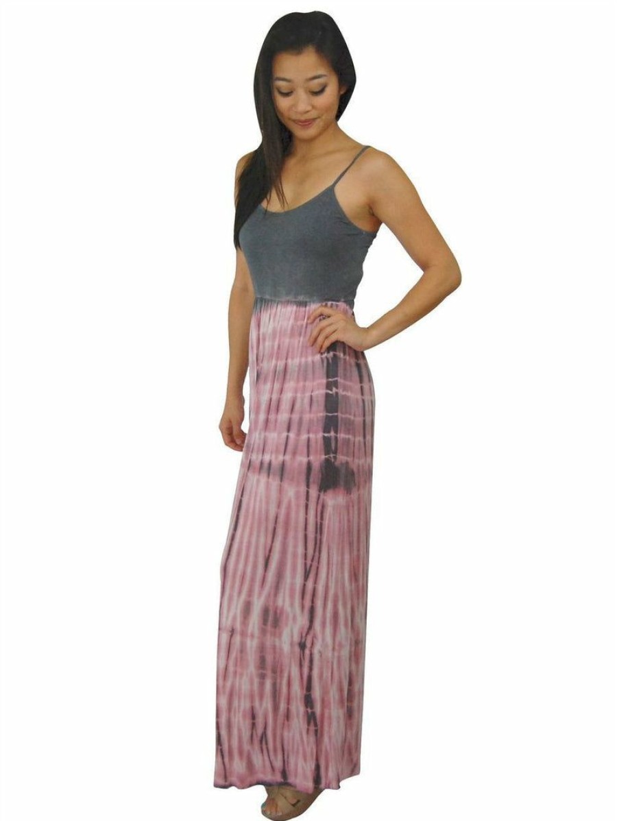 Regular Size * | Zoozie La Spaghetti Strap Tie Dye Gray Pink Maxi Dress Regular Size