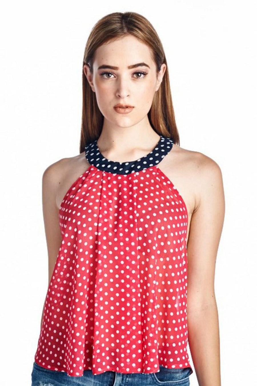 Regular Size * | Zoozie La Sleeveless Polka Dot Top Red White Navy Regular Size