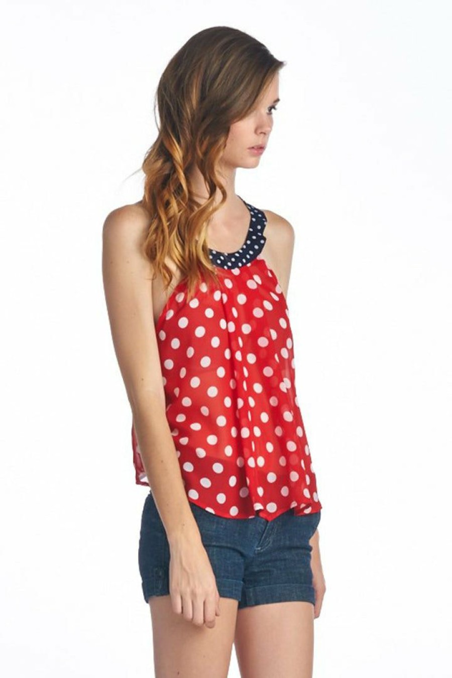 Regular Size * | Zoozie La Sleeveless Polka Dot Top Red White Navy Regular Size