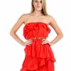 Regular Size * | Zoozie La Strapless Mini Dress Ruffle Belt Orange Red