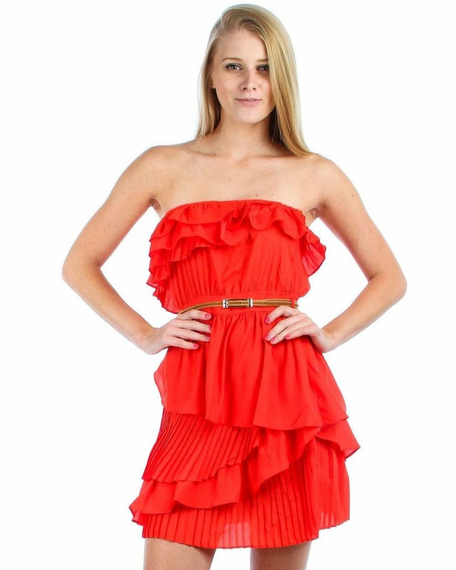 Regular Size * | Zoozie La Strapless Mini Dress Ruffle Belt Orange Red