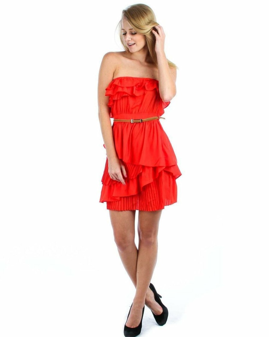 Regular Size * | Zoozie La Strapless Mini Dress Ruffle Belt Orange Red