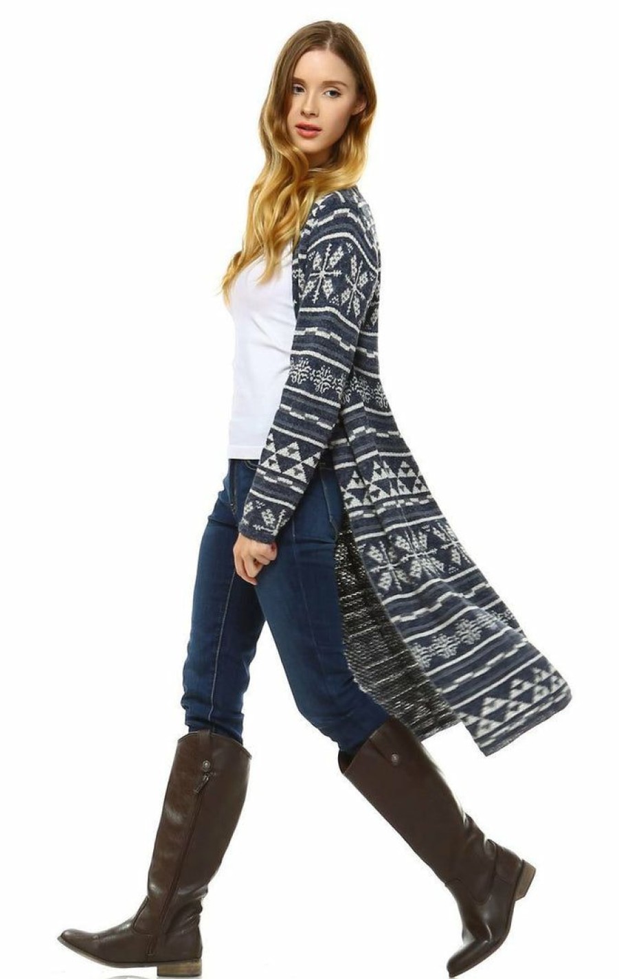 Regular Size * | Zoozie La Long Aztec Cardigan Tribal Sweater Holiday Isle Pattern Navy Gray Regular Size