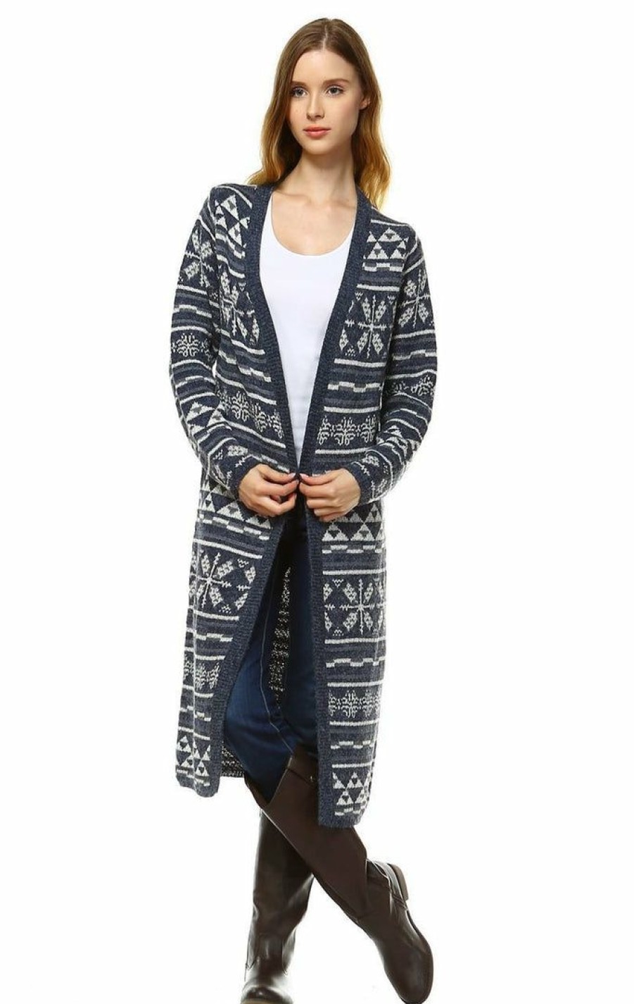 Regular Size * | Zoozie La Long Aztec Cardigan Tribal Sweater Holiday Isle Pattern Navy Gray Regular Size