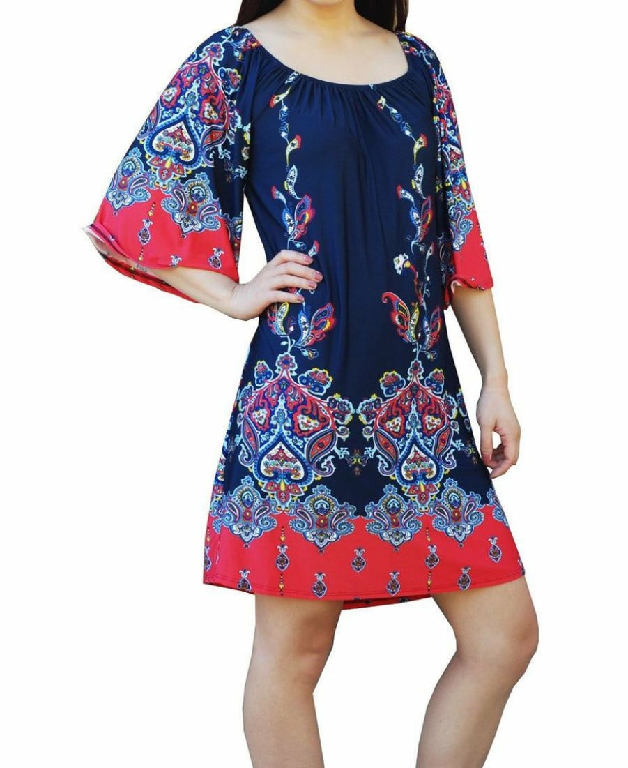 Regular Size * | Zoozie La Regular Size Off Shoulder Tunic Dress Navy Pink Paisley Borders