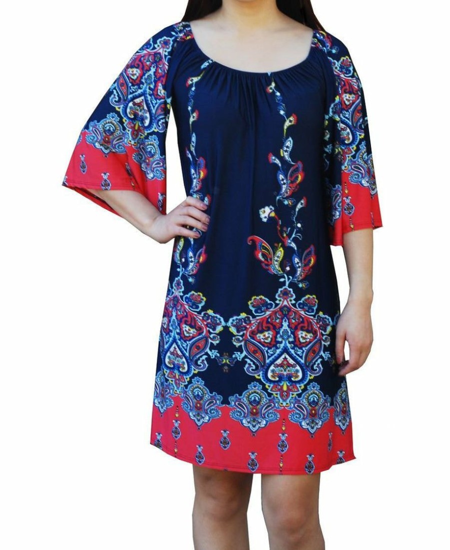 Regular Size * | Zoozie La Regular Size Off Shoulder Tunic Dress Navy Pink Paisley Borders