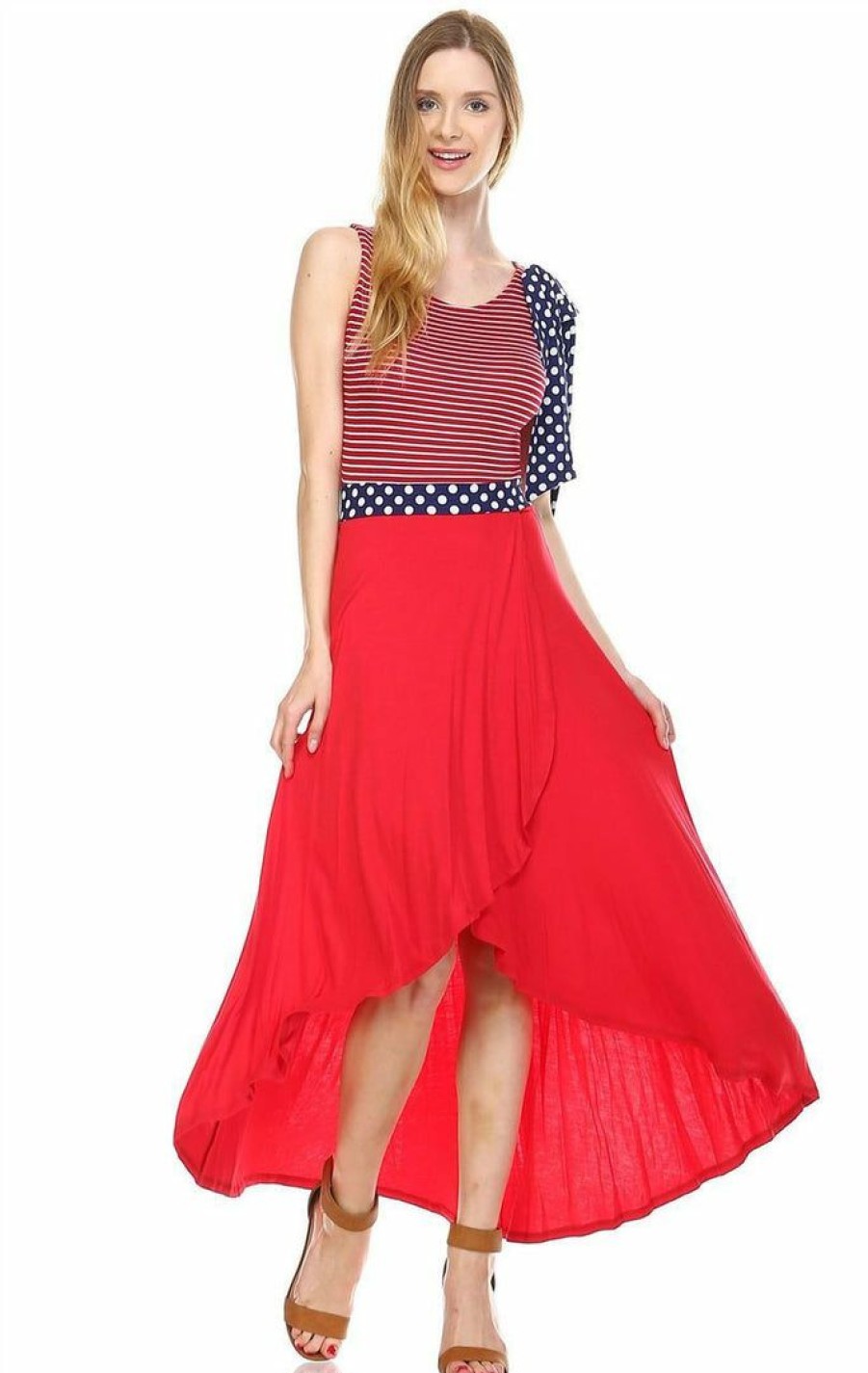 Regular Size * | Zoozie La American Flag Maxi Dress Red Stripe Top Navy Polka Dot Bow 1 Red Stripe Top Navy Polka Dot Bow Red 1 Maxi