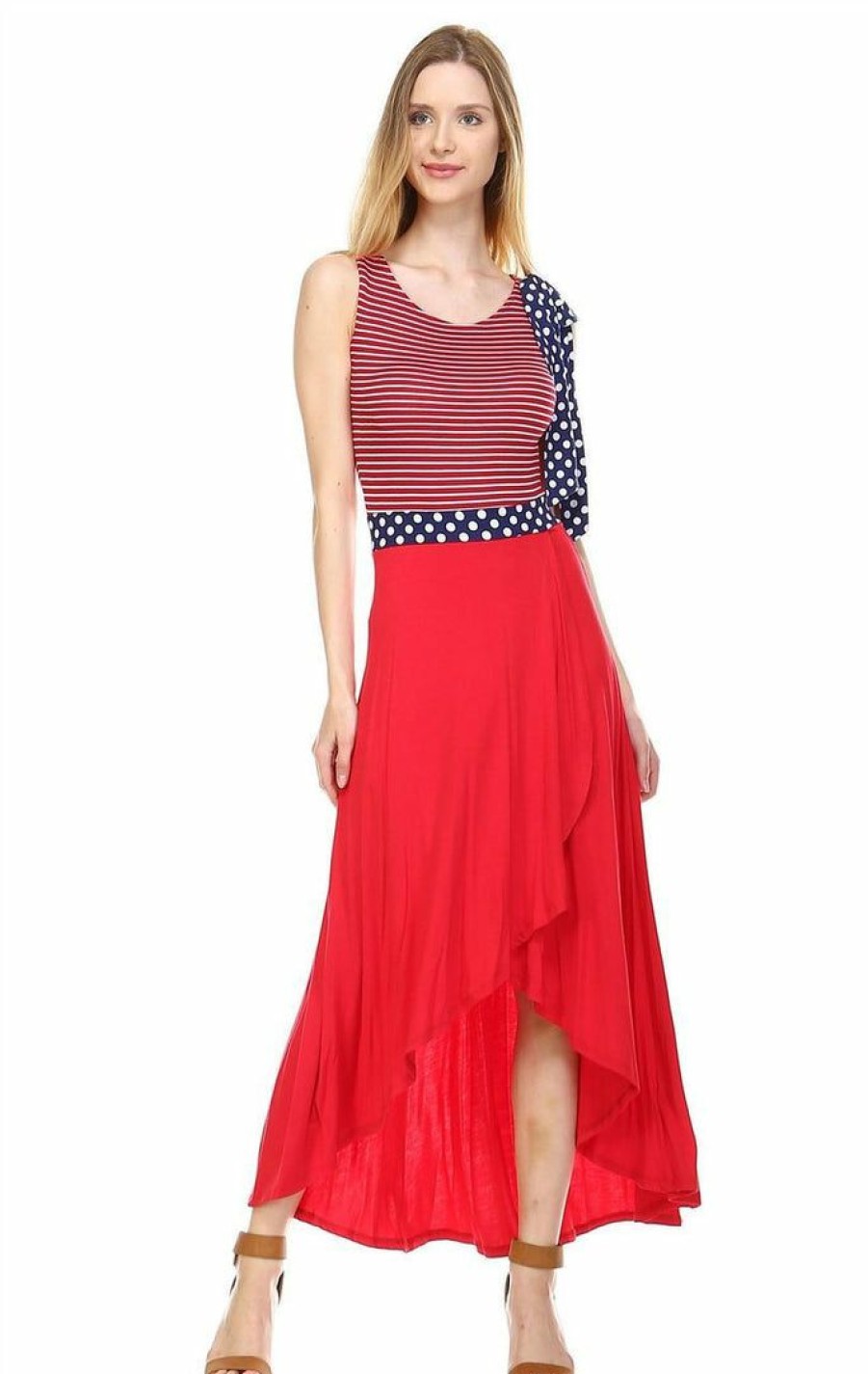 Regular Size * | Zoozie La American Flag Maxi Dress Red Stripe Top Navy Polka Dot Bow 1 Red Stripe Top Navy Polka Dot Bow Red 1 Maxi