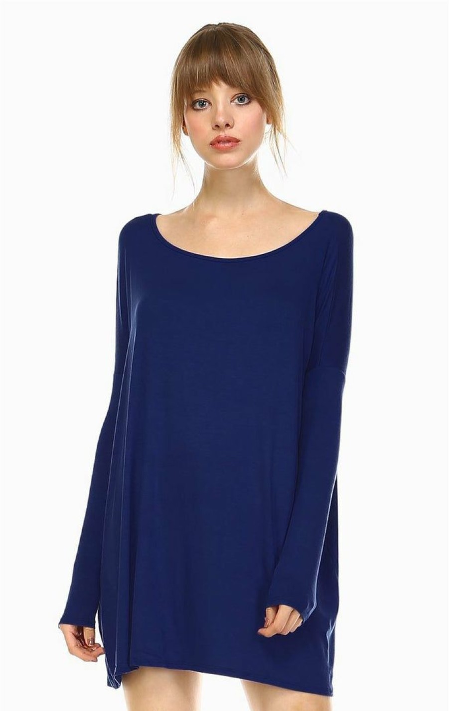 Regular Size * | Zoozie La Regular Size Tunic Top Shirt Dress Oversized Round Neck Long Sleeve Navy