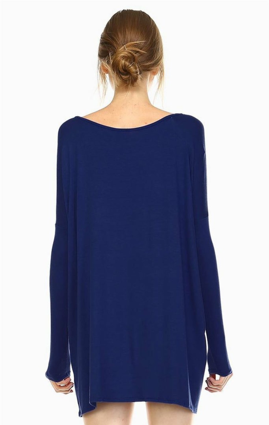 Regular Size * | Zoozie La Regular Size Tunic Top Shirt Dress Oversized Round Neck Long Sleeve Navy