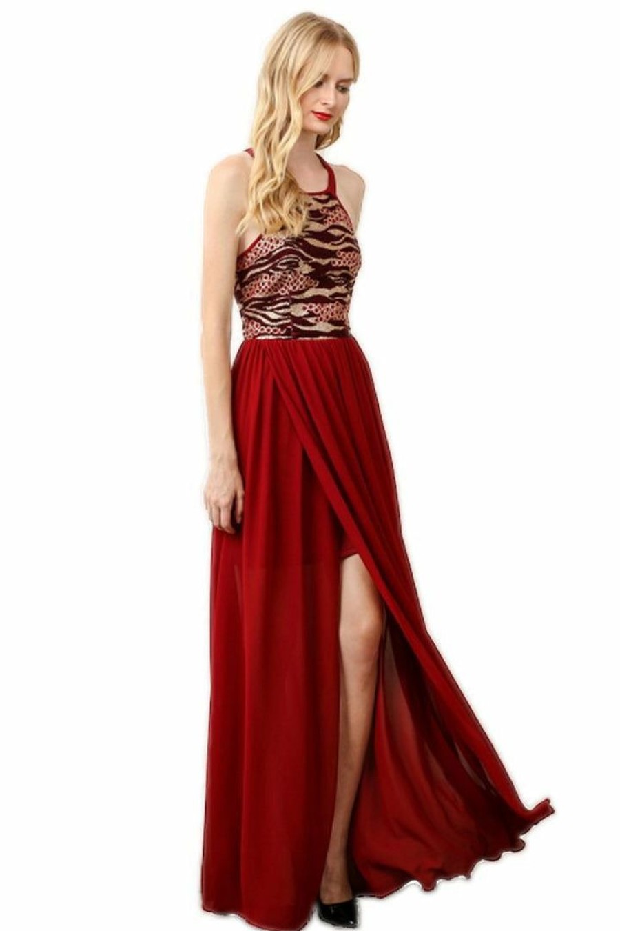 Regular Size * | Zoozie La Regular Size Sleeveless Sequin Maxi Dress High Slit Open Back Burgundy