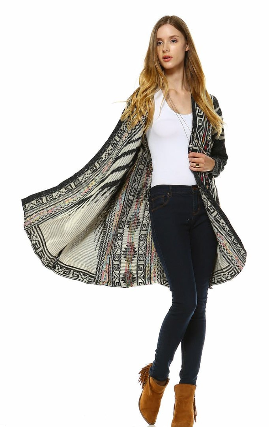 Regular Size * | Zoozie La Aztec Cardigan Tribal Sweater Indian Leopard Charcoal Regular Size