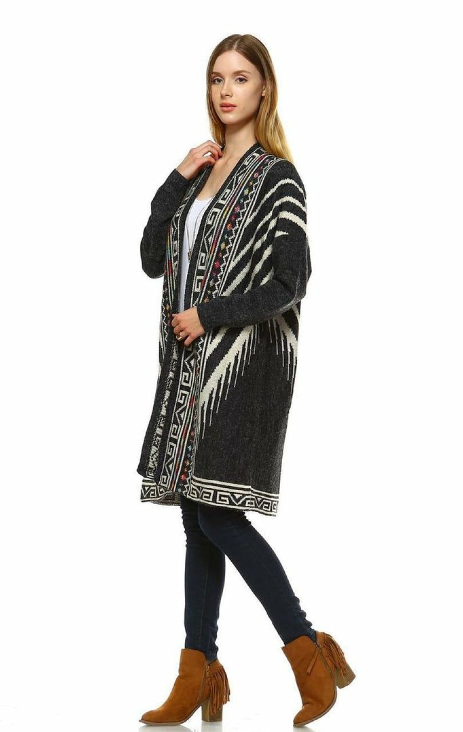 Regular Size * | Zoozie La Aztec Cardigan Tribal Sweater Indian Leopard Charcoal Regular Size