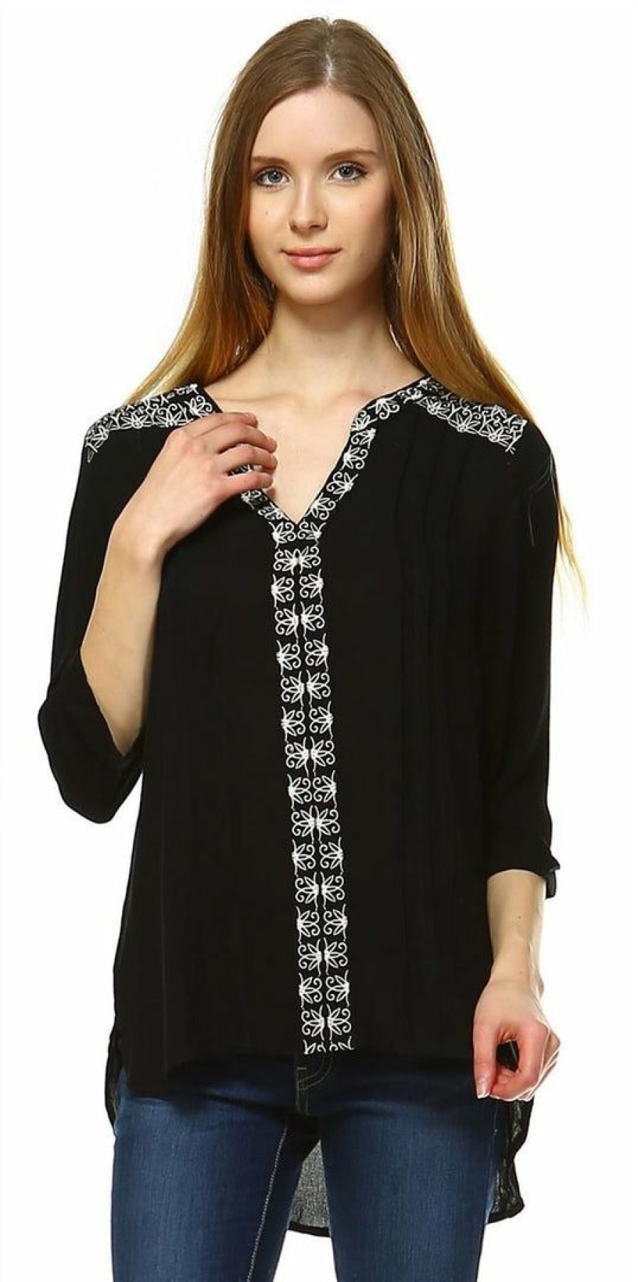 Regular Size * | Zoozie La Embroidered Shirt With Long Sleeves Floral Lace Black