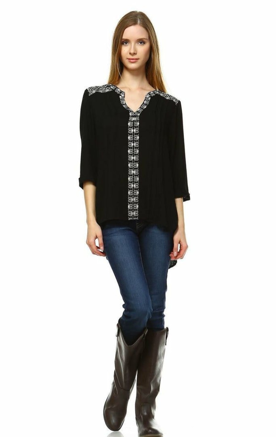 Regular Size * | Zoozie La Embroidered Shirt With Long Sleeves Floral Lace Black