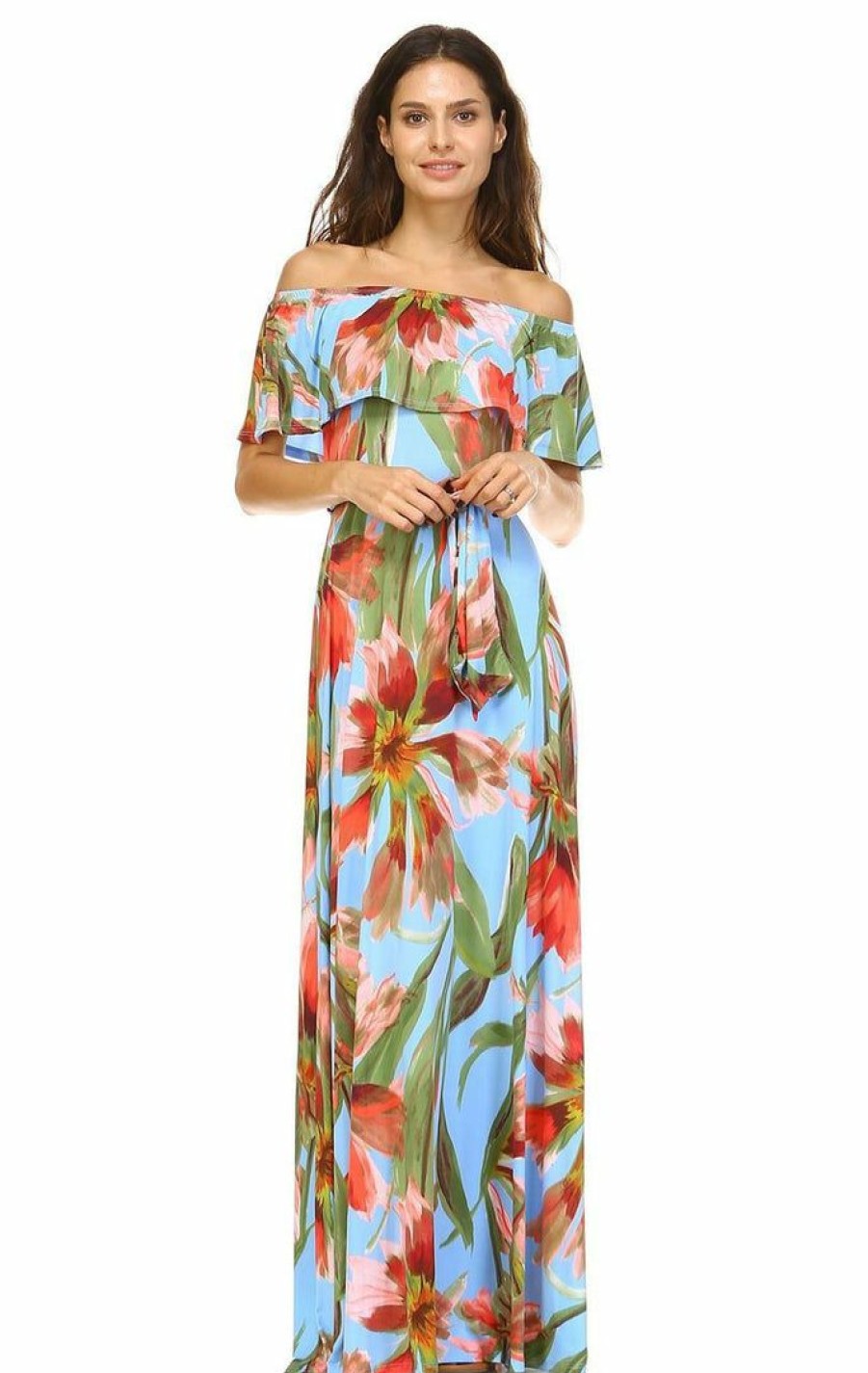 Regular Size * | Zoozie La Off The Shoulder Wrap Maxi Dress Floral Flower Blue Regular Size