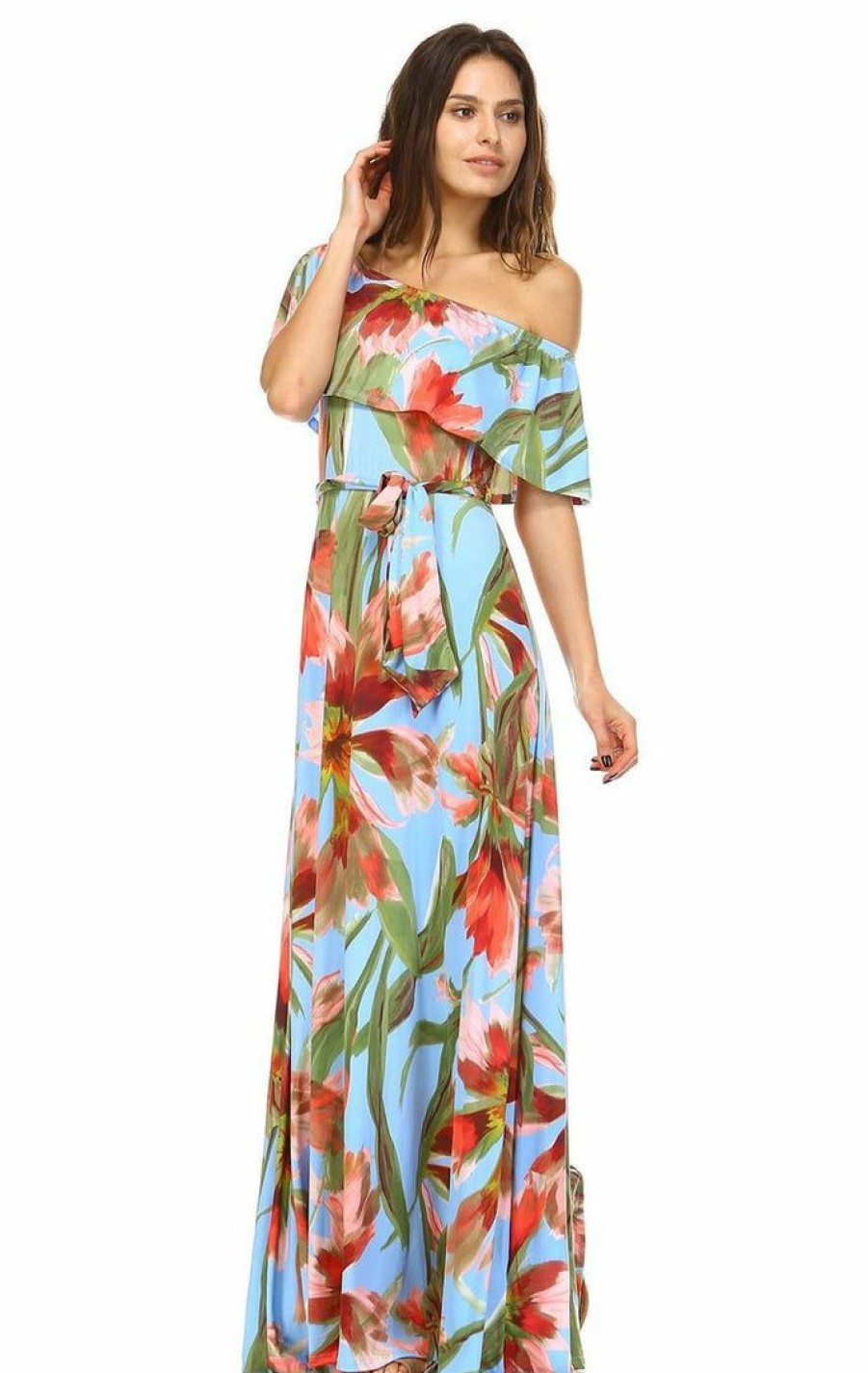 Regular Size * | Zoozie La Off The Shoulder Wrap Maxi Dress Floral Flower Blue Regular Size