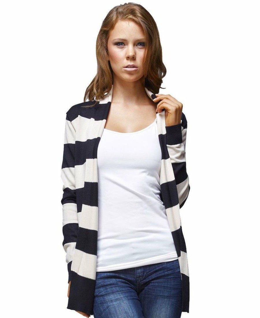 Regular Size * | Zoozie La Black Ivory Striped Soft And Cozy Long Sleeve Back Button Cardigan Sweater Jacket Regular Size