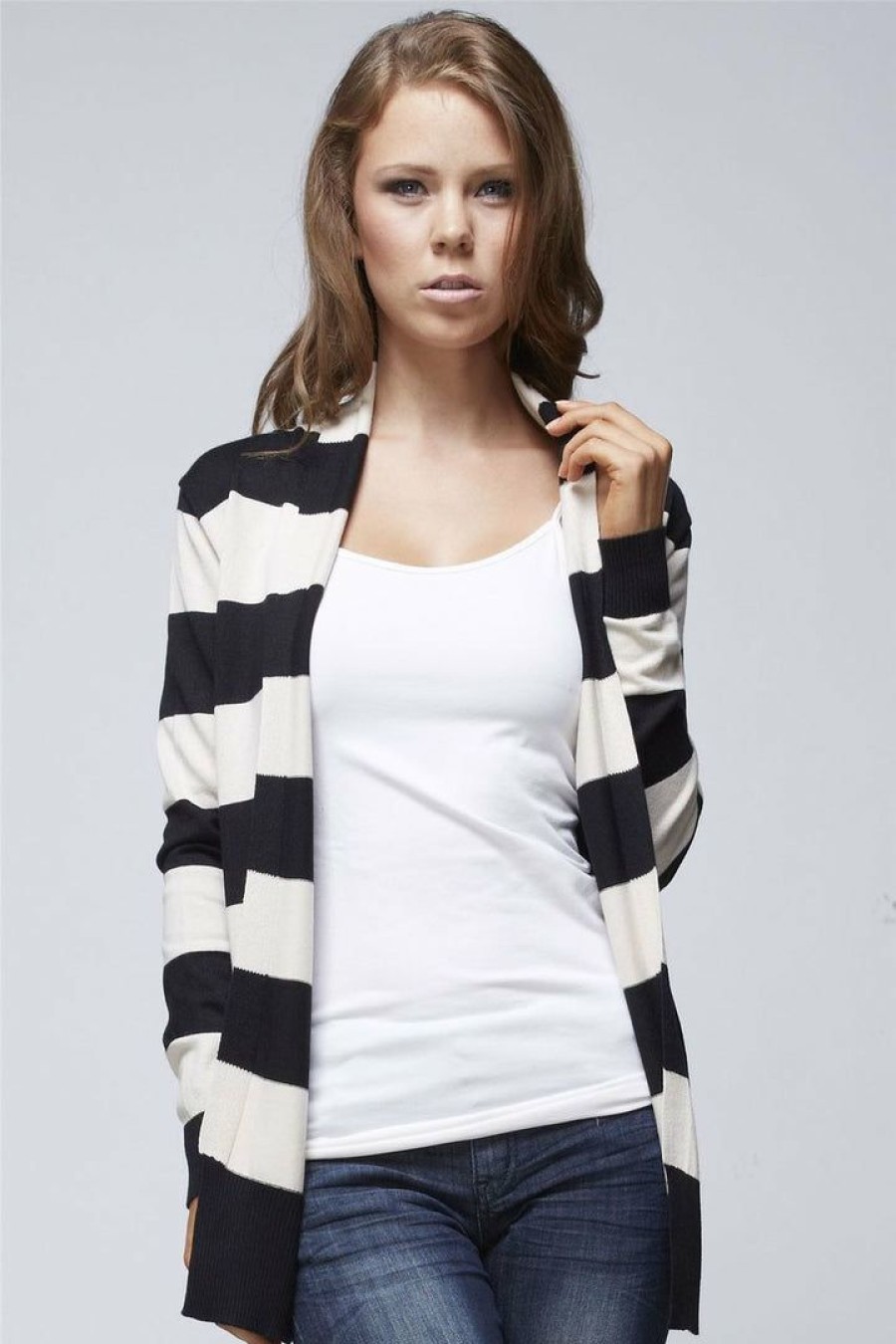 Regular Size * | Zoozie La Black Ivory Striped Soft And Cozy Long Sleeve Back Button Cardigan Sweater Jacket Regular Size