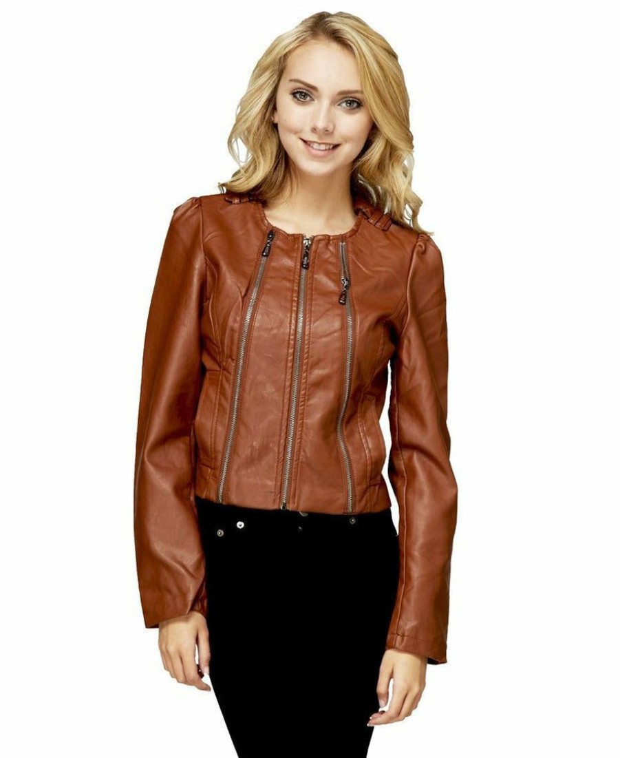 Regular Size * | Zoozie La Womens Faux Leather Shell Stylish Brown 3 Zipper Jacket Regular Size