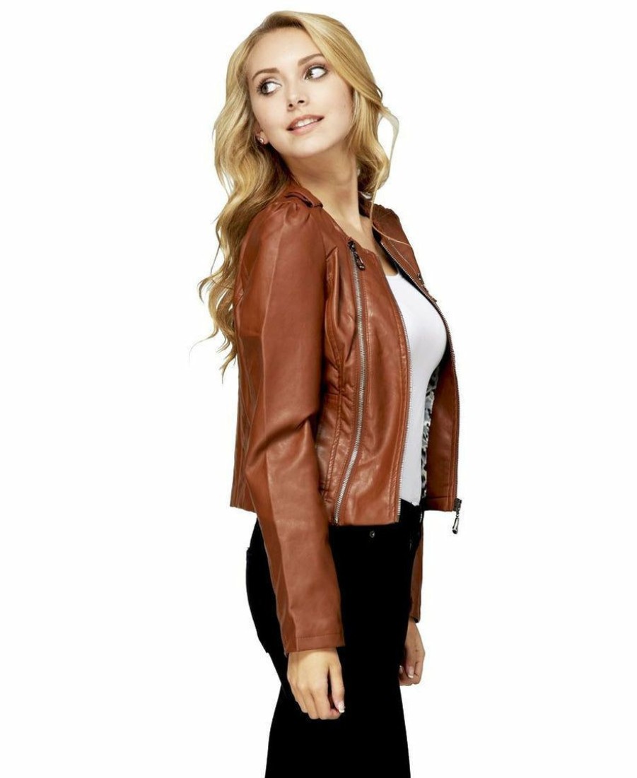 Regular Size * | Zoozie La Womens Faux Leather Shell Stylish Brown 3 Zipper Jacket Regular Size