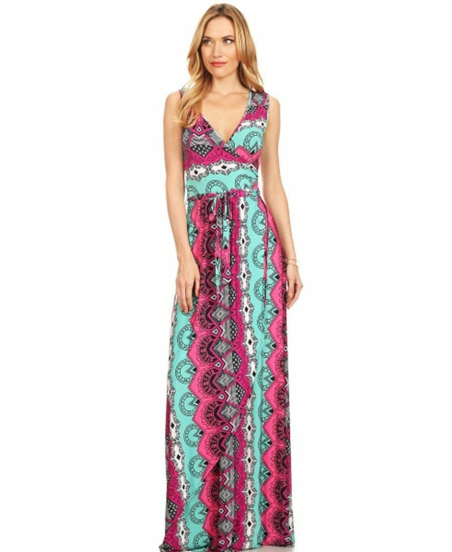 Regular Size * | Zoozie La Regular Size Sleeveless Paris Maxi Dress Retro Tribal Pink Teal