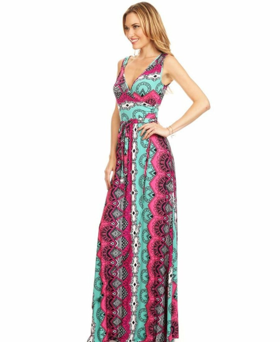 Regular Size * | Zoozie La Regular Size Sleeveless Paris Maxi Dress Retro Tribal Pink Teal