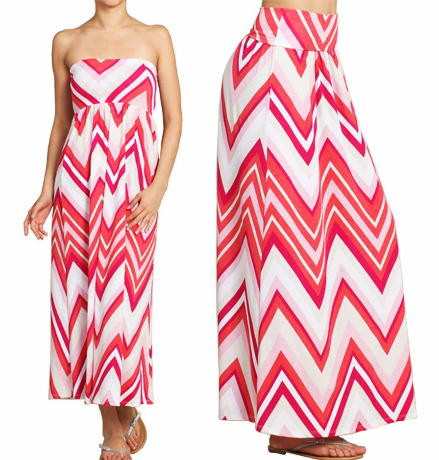 Regular Size * | Zoozie La Maxi Skirt Convertible Dress Hot Pink Chevron Regular Size Pink/Red