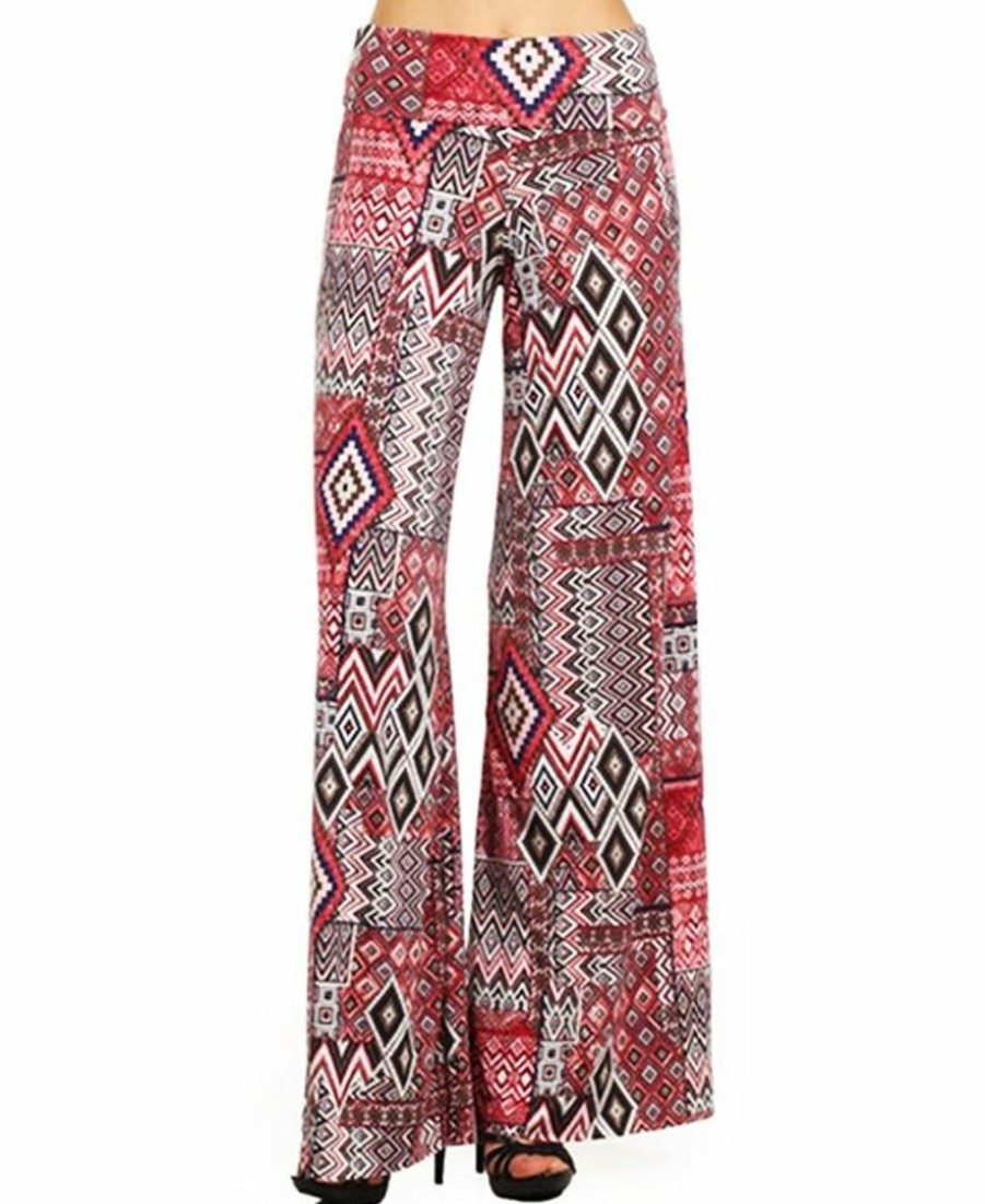 Regular Size * | Zoozie La Foldover Palazzo Pants Checkered Aztec Red Pink Regular Size